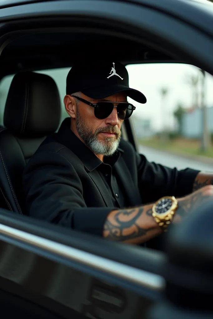  Young handsome white man stuffed with  , with beard ,    dark lenses,  Jordan brand black cap,    dressed all in black , Driving a Fortuner , with tattooed arm  , With a gold watch  .