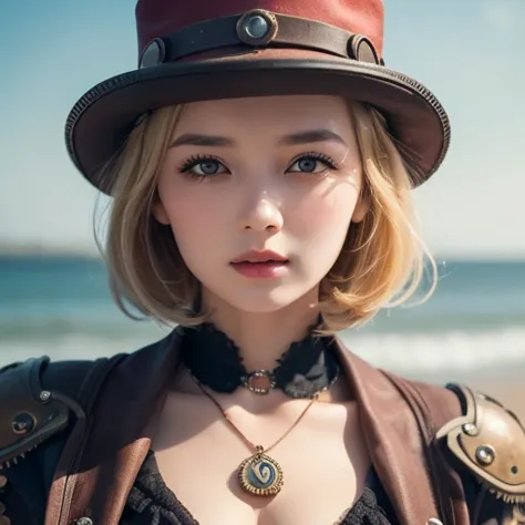 close-up,  blond short curly  girl with straight hair little red hat, Necklace Watch, (  Victorian Era ), (( steampunk)),   Cinematography  , Worked,  elegant , Close up portrait of ,  amazing on the beach,  Maximum Details ,  Extremely Hyper Aesthetic ,  ...