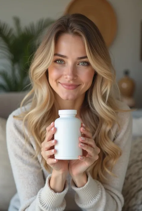 An attractive young woman with wavy blond hair holds a bottle of food supplement close to her face while smiling slightly. She sits in a cozy environment, with neutral tones and a modern decoration in the background. The bottle has nothing written on it , ...