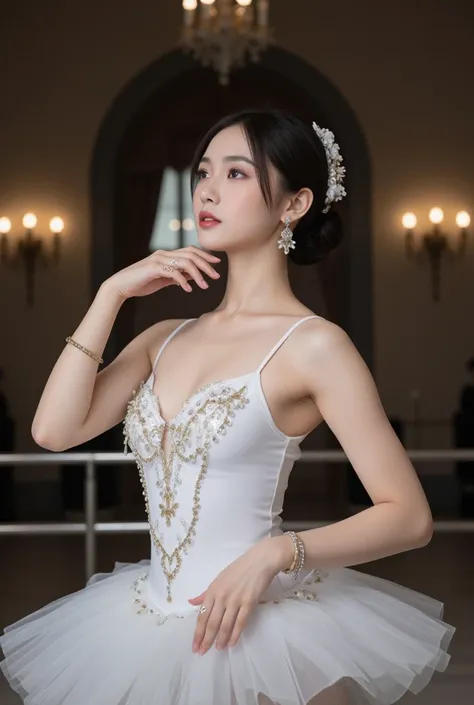  Picture of a beautiful Colombian dark-haired woman with white skin and hair. I'm wearing a ballet costume. .   She has several earrings and bracelets . . The background is a ballet venue .  full body shot