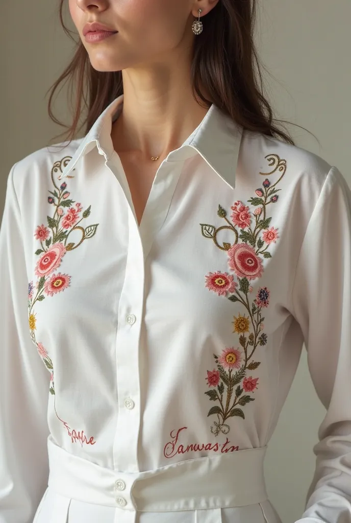 Formal white shirt for women with handmade embroidery of Afghanistan culture. Write in embroidery on shitt: Farwastics 