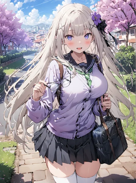  score_9,  score_8_up,  score_7_up,  source_anime,  Emilia,Alone, knitting glasses, crown knitting glasses, flower, hair flower, hair ornaments close to the garden, hair bow, long hair, pointed ears,smile,blush,open your mouth, purple eyes,  white hair, x ...