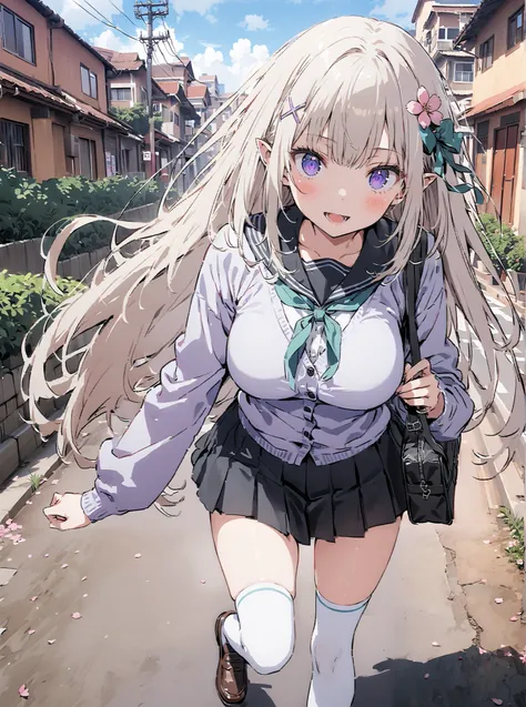  score_9,  score_8_up,  score_7_up,  source_anime,  Emilia,Alone, knitting glasses, crown knitting glasses, flower, hair flower, hair ornaments close to the garden, hair bow, long hair, pointed ears,smile,blush,open your mouth, purple eyes,  white hair, x ...