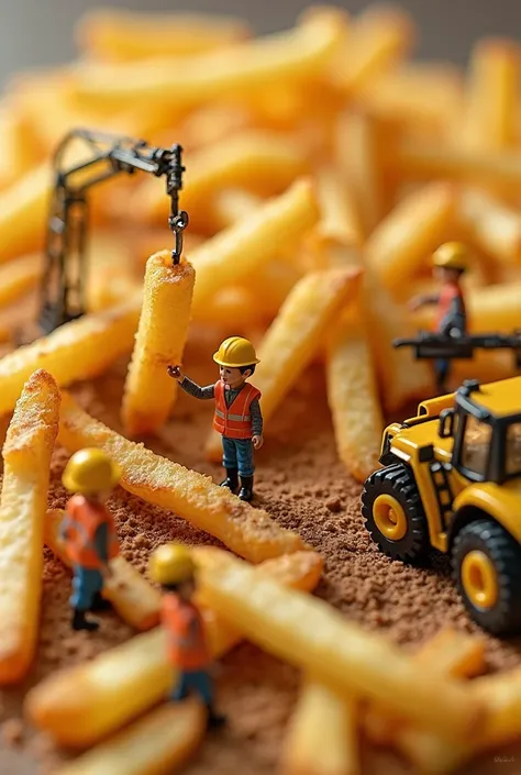 A miniature construction site inside a pile of golden crispy fries. Tiny workers wearing helmets and safety vests are using small tools to dig and move fries. A tiny crane is lifting a giant fry, and a miniature excavator is pushing fries around. Realistic...