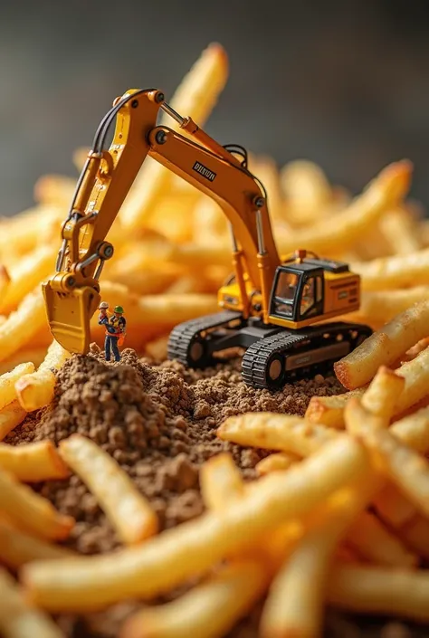 A miniature construction site inside a pile of golden crispy fries. Tiny workers wearing helmets and safety vests are using small tools to dig and move fries. A tiny crane is lifting a giant fry, and a miniature excavator is pushing fries around. Realistic...