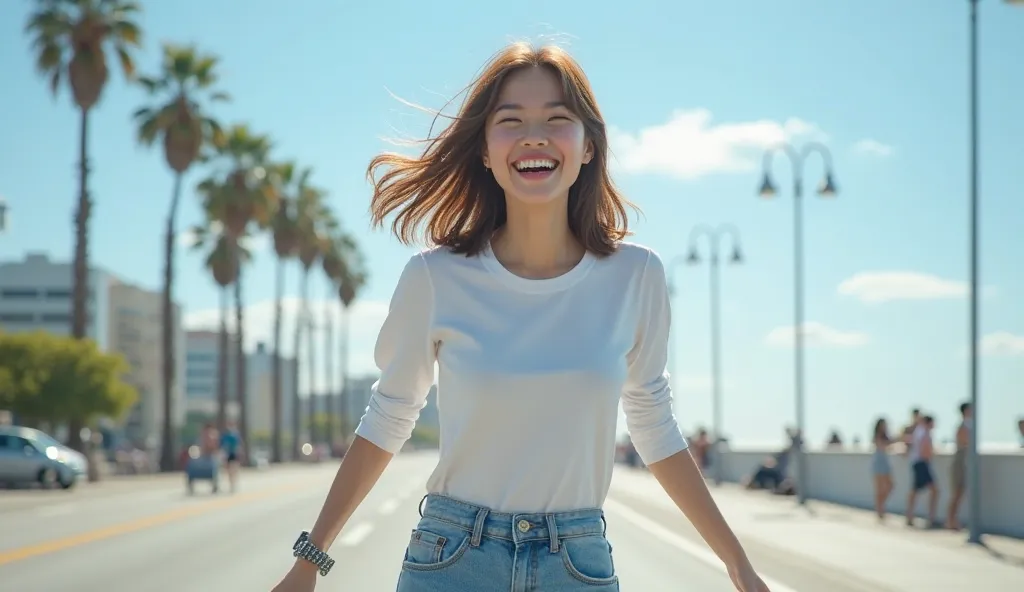 8k, RAW photo, Best Quality, masterpiece, realistic, Photorealistic, The location is a coastal promenade、with palm trees and blue sky in the background、The main character is a beautiful  Japanese woman who enjoys skateboarding、 she is wearing a white long-...