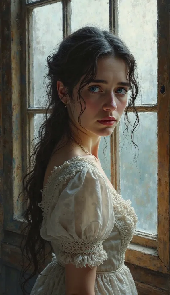 A portrait painting of a beautiful young lady with black hair and blue eyes  looking sadly at the window dressed in the era of the 1820s