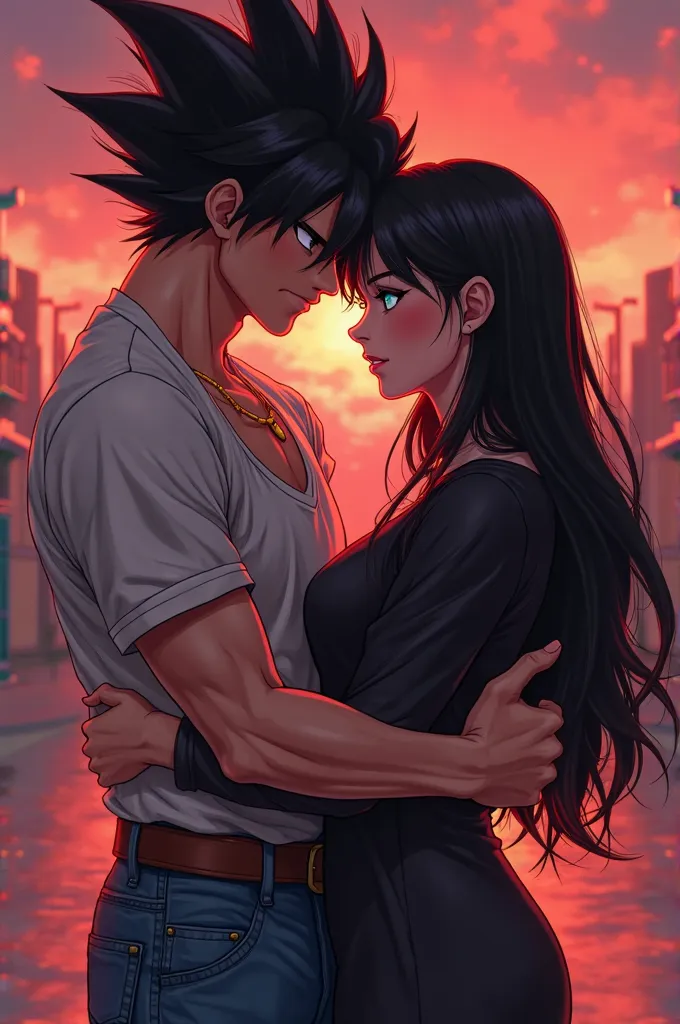 goku black hair black eyes muscles tall in casual street clothes hugging his wife Rías Gremory dxd hiscool cute red movie big blue eyes,lips,4k,masterpiece,ultra detailed,realistic,photorealistic ,studio lighting,rendering based on physics,vivid colors,lan...