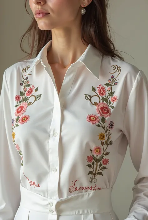 Formal white shirt for women with handmade embroidery of Afghanistan culture. Write in embroidery on shitt: Farwastics 