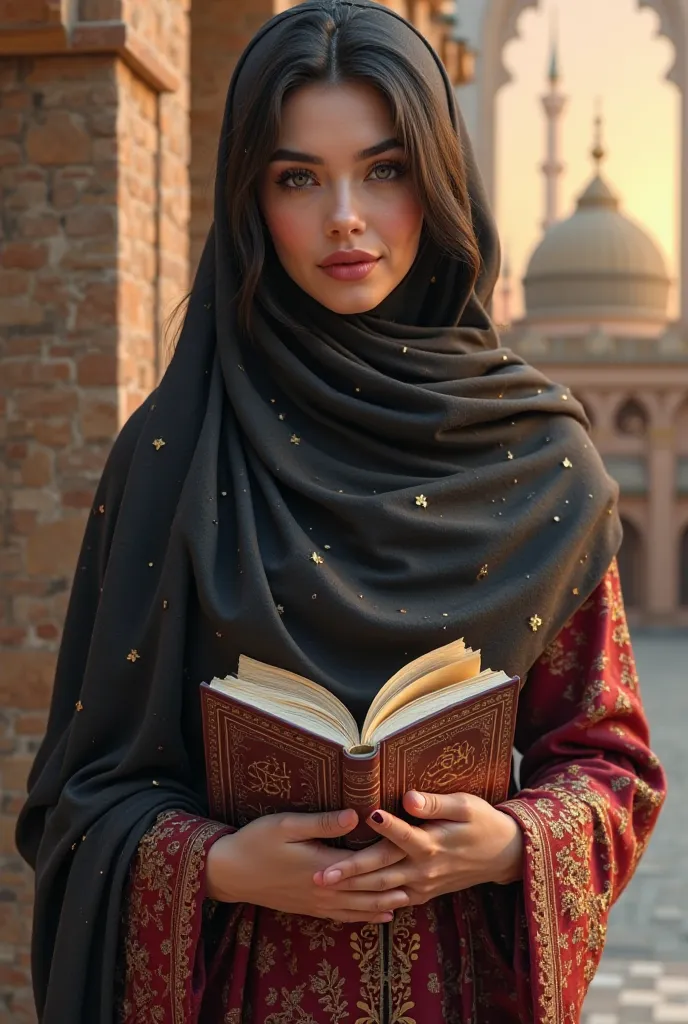 a glossy 3d logo shows fantastic realistic woman with black long hair wearing a ramadan long dress ,background mosque Al aqsa holding a Qur-an, the name "Ramadan Kareem " written in 3d amazing fony on a romantic banner under the woman