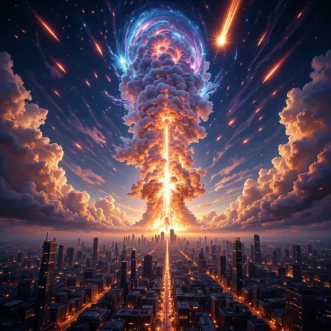  The sky is beautifully spread out in impossible and strange bright colors {x} An inclined Dutch corner view of an extremely beautiful end of the world scene,   Hundreds of ridiculously beautiful, colorful meteors are next々and swirls across a beautiful, vi...