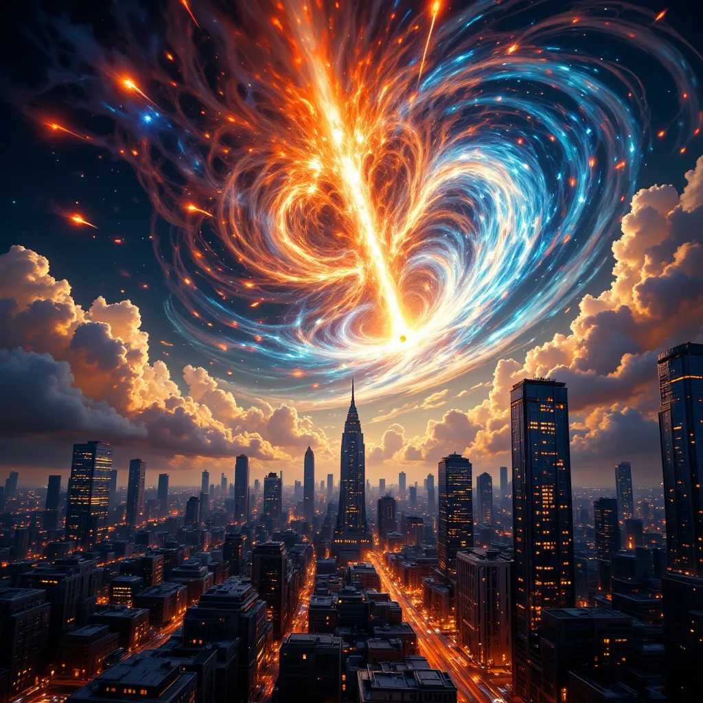  The sky is beautifully spread out in impossible and strange bright colors {x} An inclined Dutch corner view of an extremely beautiful end of the world scene,   Hundreds of ridiculously beautiful, colorful meteors are next々and swirls across a beautiful, vi...