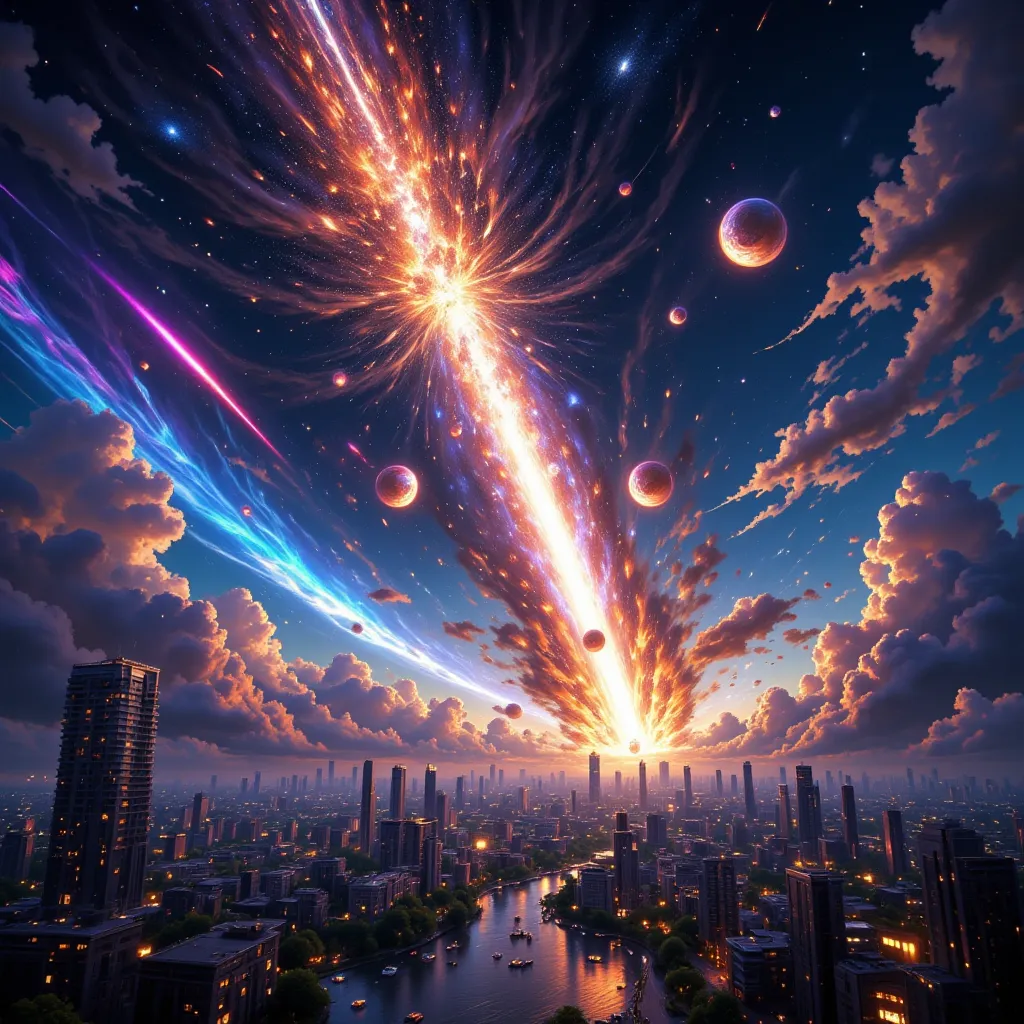  The sky is beautifully spread out in impossible and strange bright colors {x} An inclined Dutch corner view of an extremely beautiful end of the world scene,   Hundreds of ridiculously beautiful, colorful meteors are next々and swirls across a beautiful, vi...