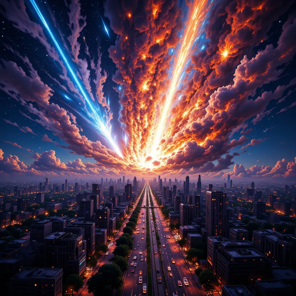  The sky is beautifully spread out in impossible and strange bright colors {x} An inclined Dutch corner view of an extremely beautiful end of the world scene,   Hundreds of ridiculously beautiful, colorful meteors are next々and swirls across a beautiful, vi...