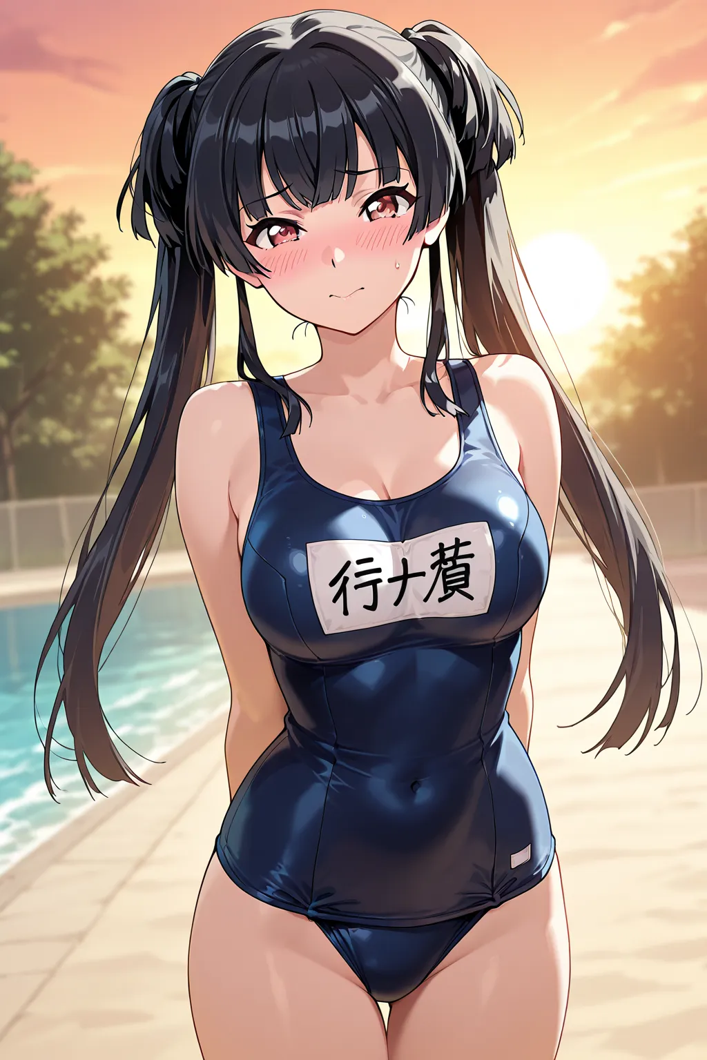 {{ masterpiece}}, {{{ perfect quality }}}, {{1 girl}}, Anime screen cap ,{{School swimsuit half-removed}}, twin tails , bangs ,longhair, {official style},Best Quality, great quality, so beautiful,  is ridiculous ,{{ outdoor}},  {{blush}},Mayuzumi Fuyuko