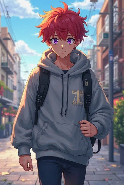 Draw a red-haired young man with purple eyes, gray anime style sweatshirt 
With backpack on the shoulder while walking