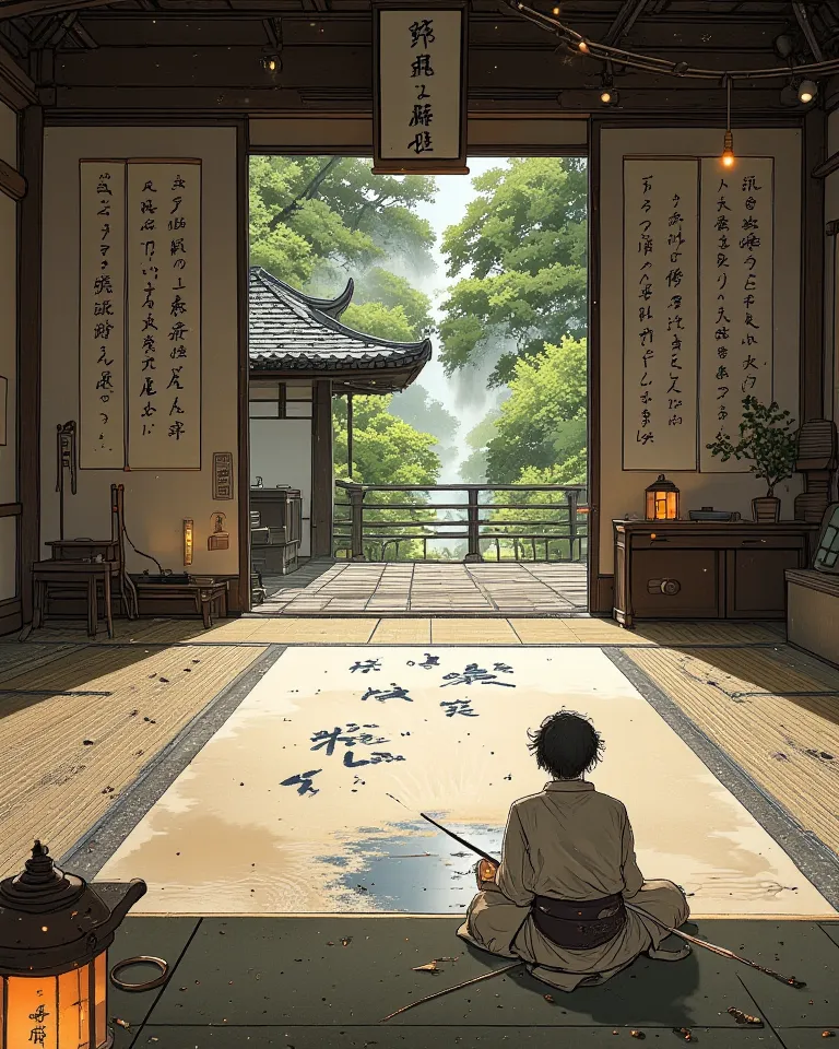 "In a serene Japanese dojo, an old calligraphy master kneels on a tatami mat, his brush poised above a long scroll. His hands move with precision as he glides the ink across the paper, forming perfect characters in a single, fluid motion. A young artist wa...