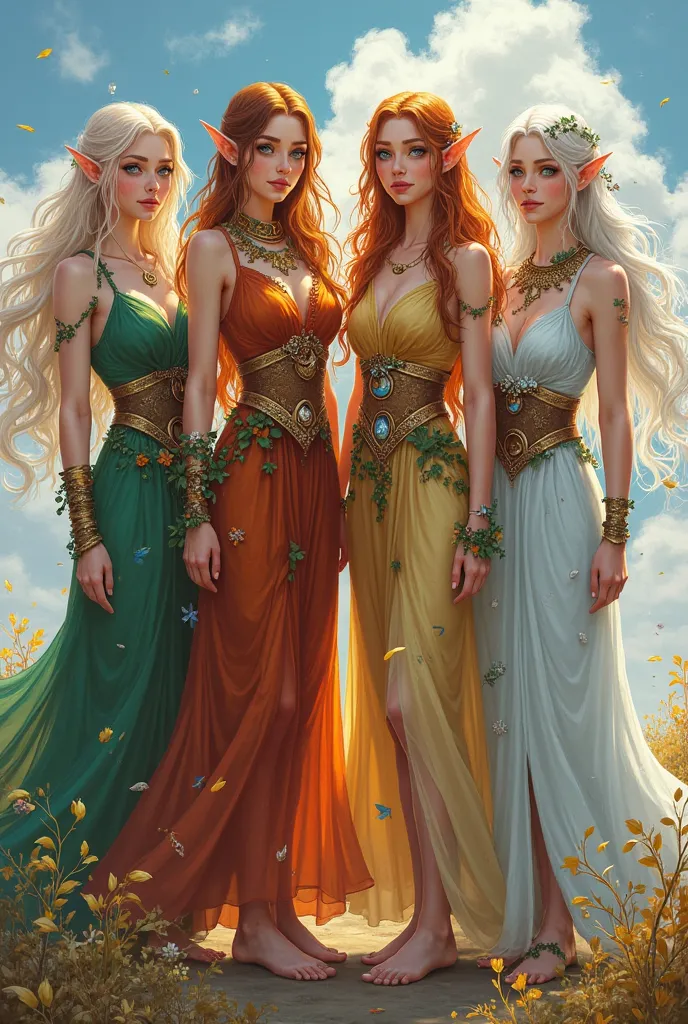 A group of four identical twin sisters, all elven druids, each embodying a different season. They share the same ethereal facial features, pointed ears, and slender physique, but their hair, eyes, clothing, accessories, and elemental auras distinctly refle...