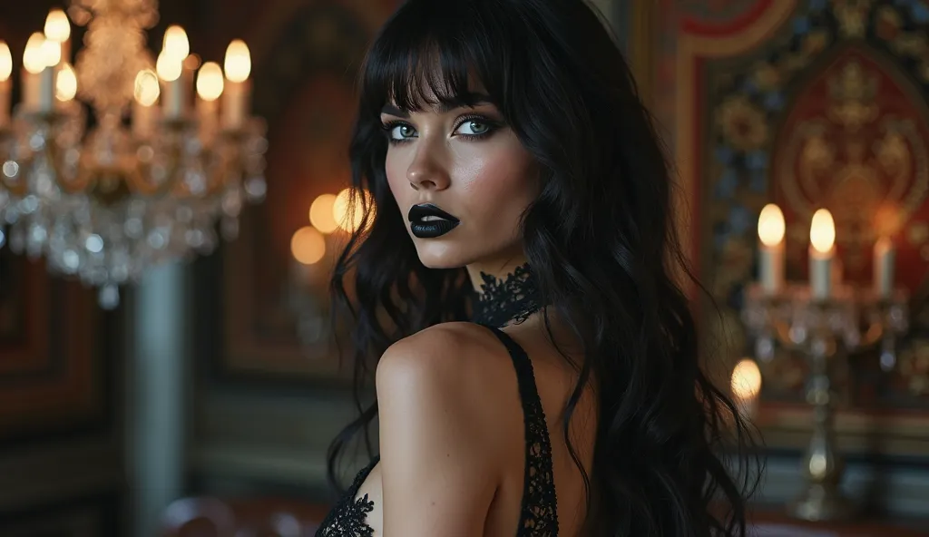 In a luxurious Gothic style hotel, with crystal chandeliers and walls adorned with dark tapestries, , there is a young woman of captivating beauty, blue-eyed or grey-eyed. . Her skin is pale, made up in dark tones, black lips and nails, tattoos and soft ba...