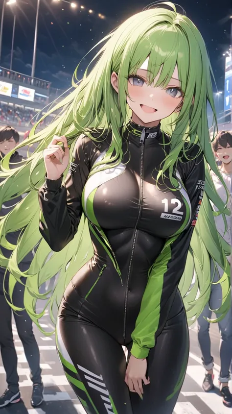 8k resolution, Masterpiece, Master work, perfect proportion, Semi-realistic, standing, 1woman, busty, breasts apart:1.2, small face, scary, beautiful, mad green long hair:1.3, gray eyes, with a cold color palette of blues:1.2, empty expression:1.2, black l...