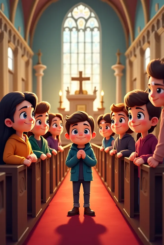 People with ash cross on their foreheads in church in cartoon

