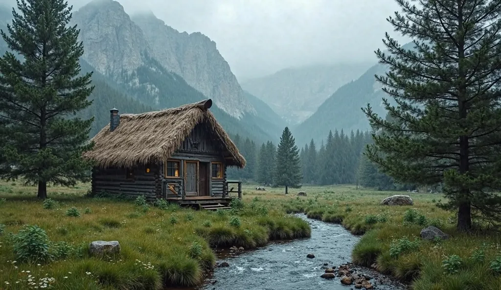 A tranquil countryside scene in the Rocky Mountains, Canada/USA, during a gentle rain. A rustic straw-roofed cabin sits nestled among towering pine trees, with water droplets falling from the roof into a small, bubbling creek below. Misty rain blankets the...