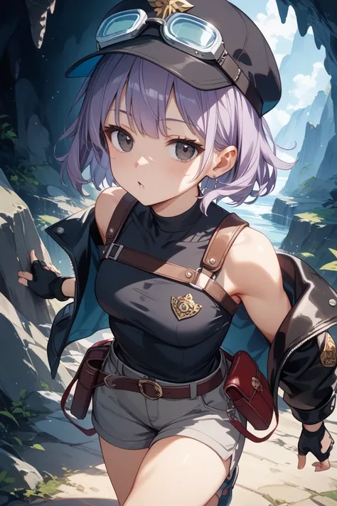 (masterpiece、high image quality、High Resolution:1.2)、 Dark Cave:3、Running in the back、portrait、looking away、from above、hunting hat with goggles、squinting eyes、Hide your hands around your eyes、purple short hair、black tank top、leather jacket、waist pouch、Fing...