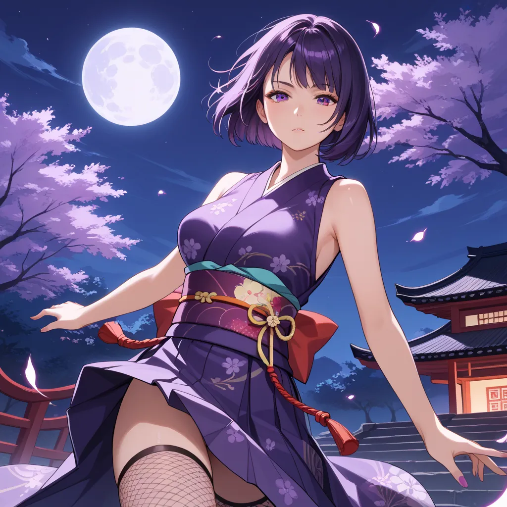 Score_9,score_8_up,score_7_up, beautiful,solo,glamorous,(mature woman),, Forward leaning,
cowboy_shot, 1girl,solo, looking at viewer, 
short hair, bob cut, action pose,dynamic,
(Kunoichi_uniform), (black and violet kimono pattern), (short kimono),, (expres...