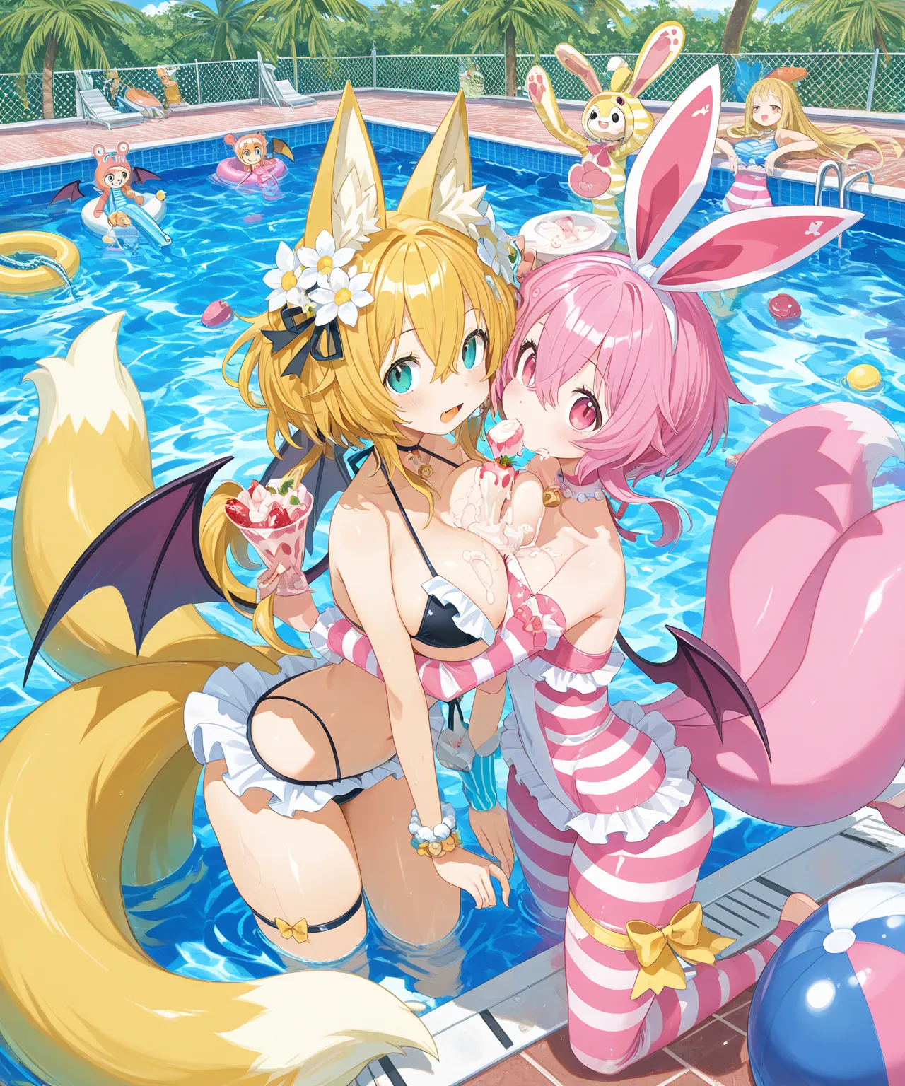 Score_9, score_8_up, score_7_up, score_6_up, source_Anime, high detailed, 3 monster girls, plus-sized, Large breasts, curvy body, buxom, striped swinsuit, background is a pool-party on the backyard, Strawberry Yogurt pool (instead of water, there's a Straw...