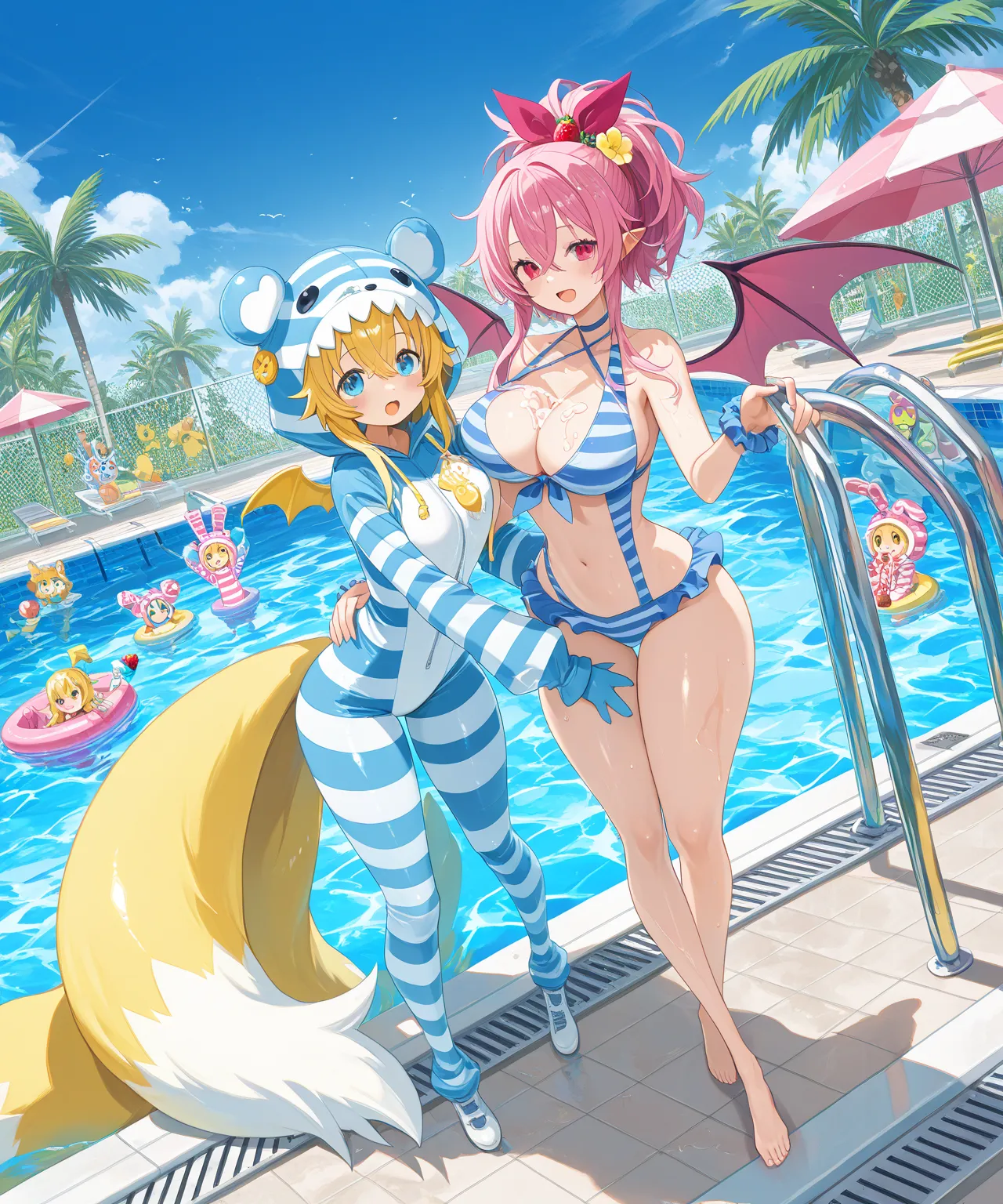 Score_9, score_8_up, score_7_up, score_6_up, source_Anime, high detailed, 3 monster girls, plus-sized, Large breasts, curvy body, buxom, striped swinsuit, background is a pool-party on the backyard, Strawberry Yogurt pool (instead of water, there's a Straw...