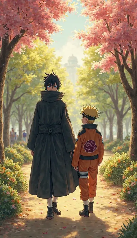 Sasuke Uchiha, from the Naruto franchise, a 1.82m tall man with black hair and piercing eyes, wearing a long dark cloak, walked through the park with a serious expression, his gaze sharp and observant. Beside him, Naruto Uzumaki, also from Naruto, a 1.66m ...