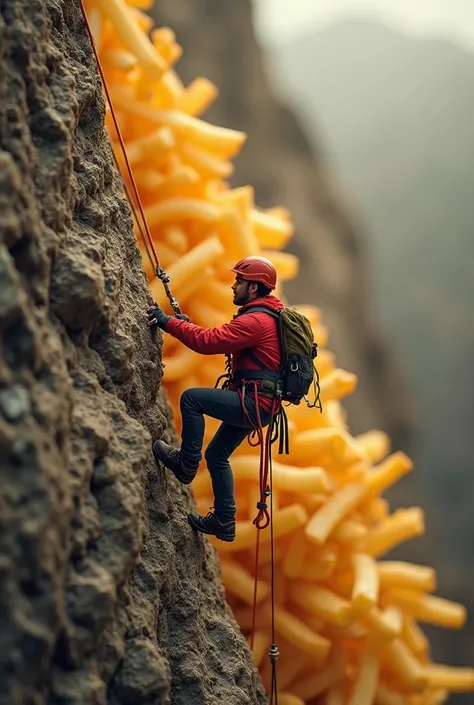 A tiny rock climber wearing a red jacket and harness, scaling a giant golden french fry. The fry is part of a large mountain of fries, with ropes and climbing gear attached. The scene is dramatic with a misty background and warm lighting.”