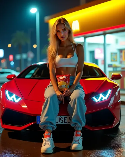 ((masterpiece)), ((photorealistic)), [full body photo], professional, (4k image:1.1), (sharp focus:1.3), very detailed.

Natalie Becker sits on the glowing bonnet of a red Lamborghini, parked in front of a McDonald's illuminated in the middle of the city a...