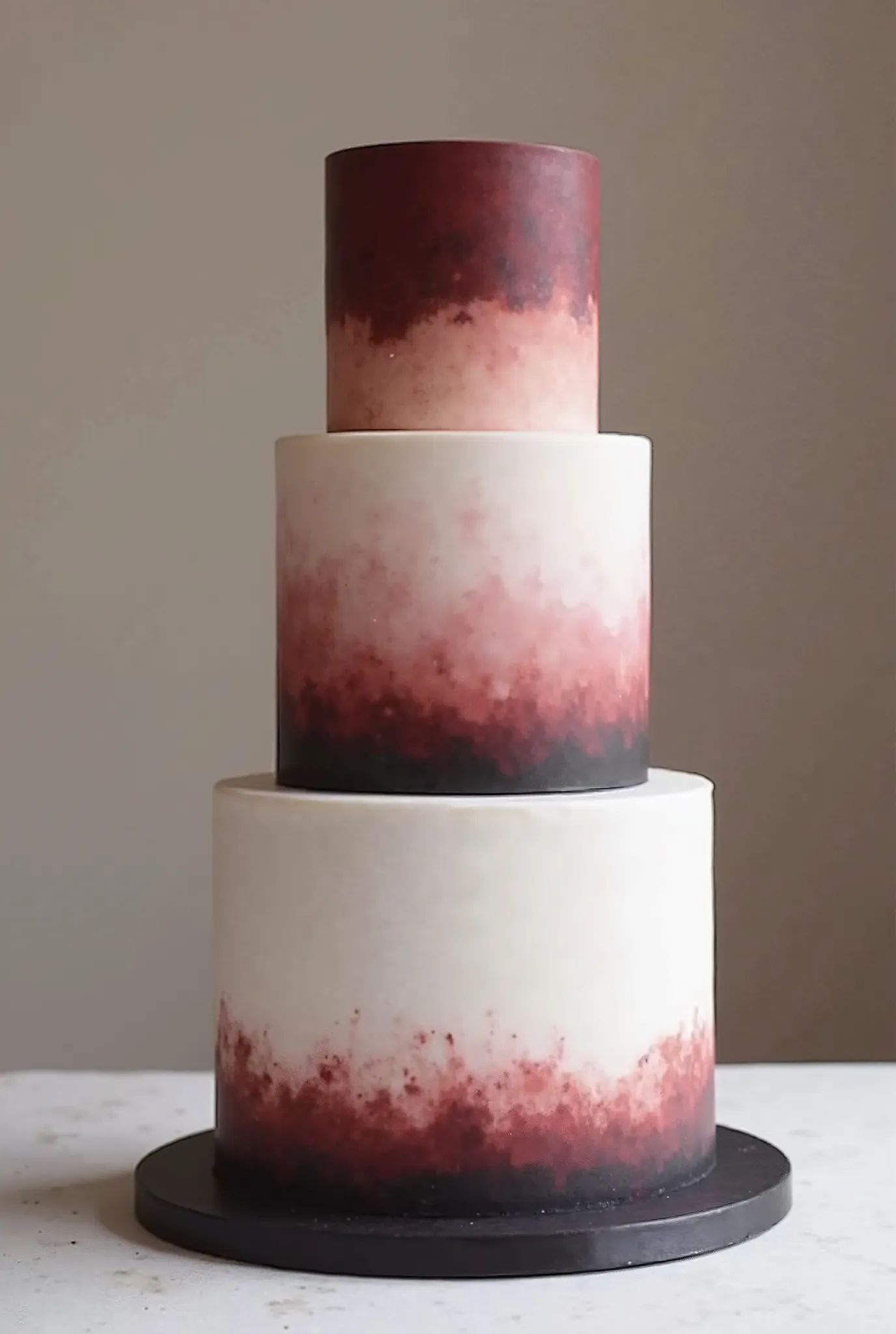 wedding cake, three layered, pink, maroon, black, white, minimalist