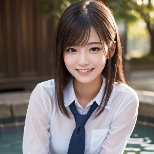 (8k), ( top quality : 1.2), ( realistic), ( Photorealistic : 1.37),  Ultra Fine,  1 girl,  cute, smile,   closed mouth ,  beautiful detail, Beautiful Nose,  full body,  wet hair, Giant Dalcefo, pork,  school uniform,  thighs  