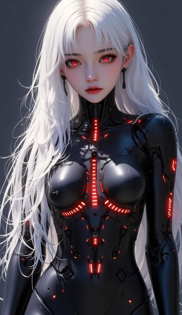 AI woman with matte black and white cyberbody, with red glowing details, very tall, with thick thighs, wide hips, long legs, and a slender waist. Dark red glowing eyes,Long flowing white hair a parting to either side. sad expression on face, No mechanical ...