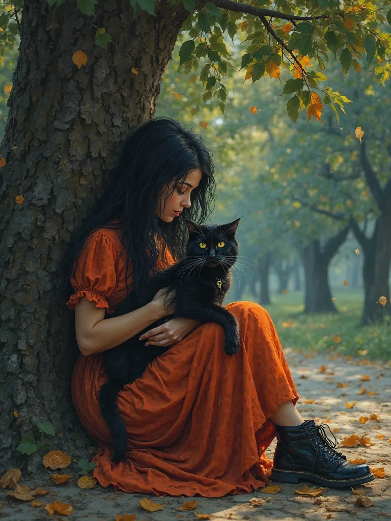 Create an image: # ArtSea Infinity  (HD) (32k) vibrant colors:
, of  in a street situation, vestido anaranjado viejo agujereado abrazando your cat .  long black hair. Old and torn black shoes. and is in a park where every night, Under a leafy tree , immers...