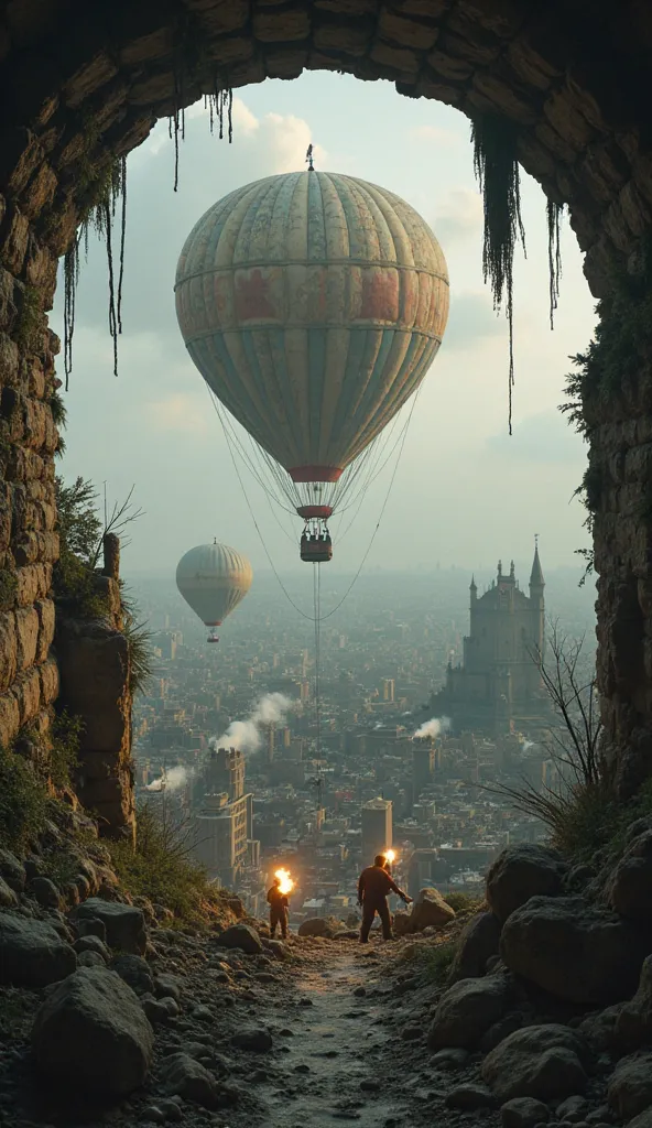 "POV inside a makeshift airship as shots are fired from below. You below the ruined fortress city becomes smaller as the balloon rises. Atmosphere of escape and mystery. CANON EF75-300MM F4-5.6 III PROFESSIONAL LENS".
