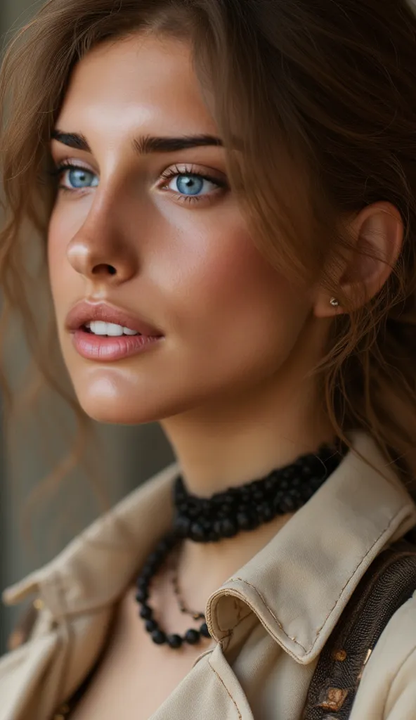 32 mil , masterpiece, top quality, (( Woman)) light brown hair, fair skin, Rosy Cheeks, extremely detailed natural makeup, nude lipstick ,   cream jacket , black choker,  beaded necklace , toys, tousled hair, profile, close-up, blurry background.