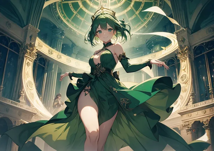 A beautiful girl in a deep green dress with the club emblem shining on her face smiles as she holds a card in her hand. The club card floats in the air, dancing softly as if she is controlling the magic of playing cards, and the surrounding area is filled ...