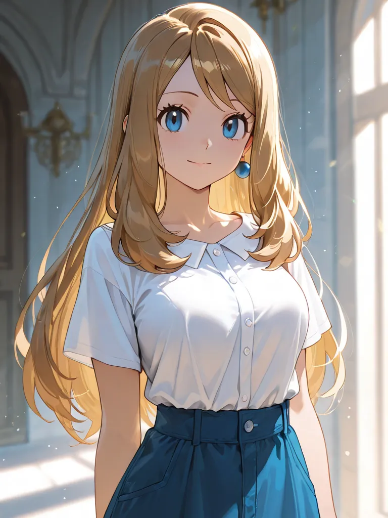 Serena , from Pokemon, with blue eyes, blonde hair, her age is about 17, her breast is in medium size, she wears a white fit shirt and back to ,she stand in front and not blury face .