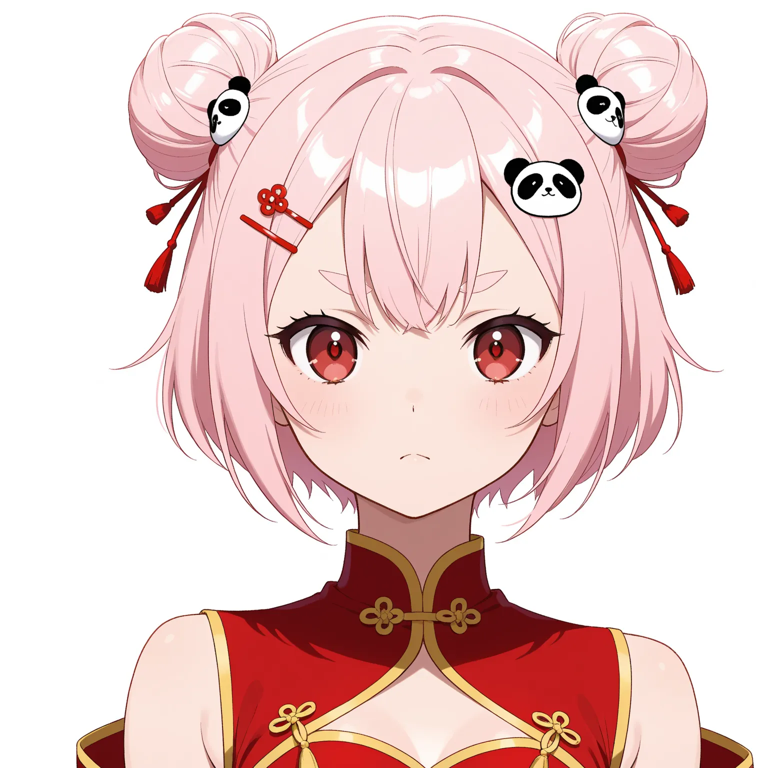  light pink hair、small bun hair 、half twin 、short hair、cut、 thin oval eyebrows  、panda face design hairpin、red china clothes、Hole in chest、The area around the shoulders is brown、red eyes、front、bust up、serious expression