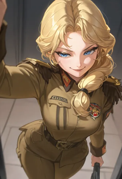 Masterpiece, score_9, score_8_up, score_7_up, score_6_up, masterpiece, portrait, 1female, blonde, long tied hair, blue eyes, mature woman, taller frame, dynamic angle, cruel smirk, cruel gaze, wide hips, dommy mommy, golden jewelry, wearing a militar unifo...