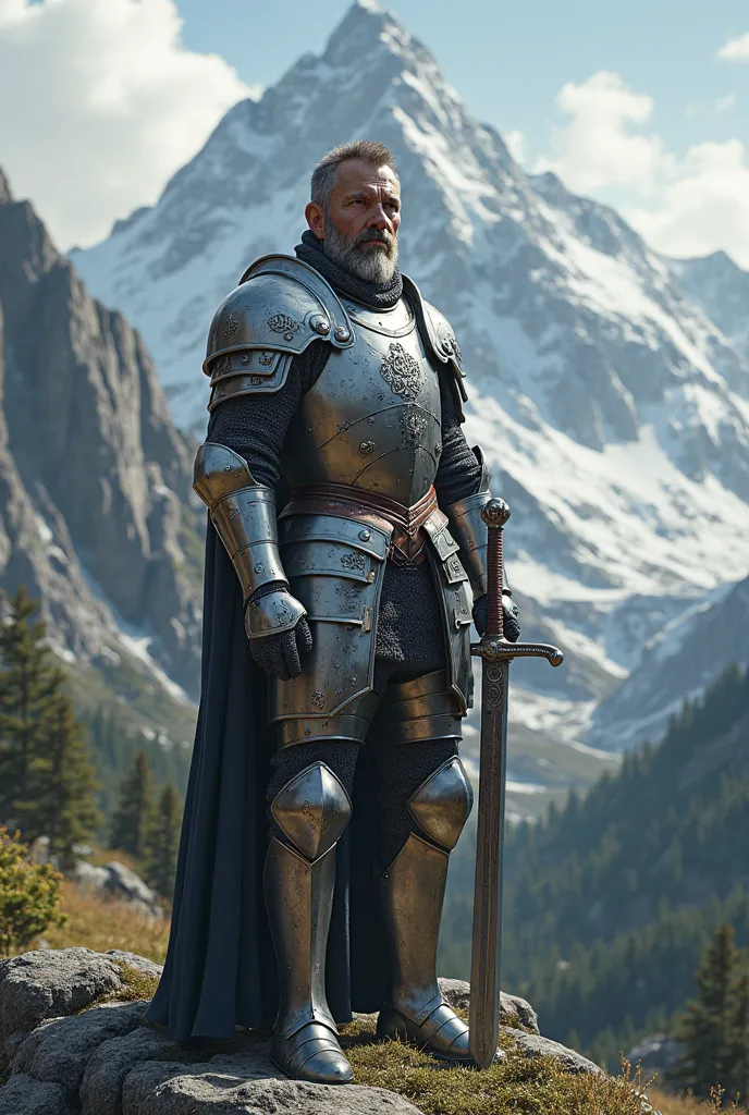 Creates an image of a medieval knight looking at a mountain with a sword in his hand