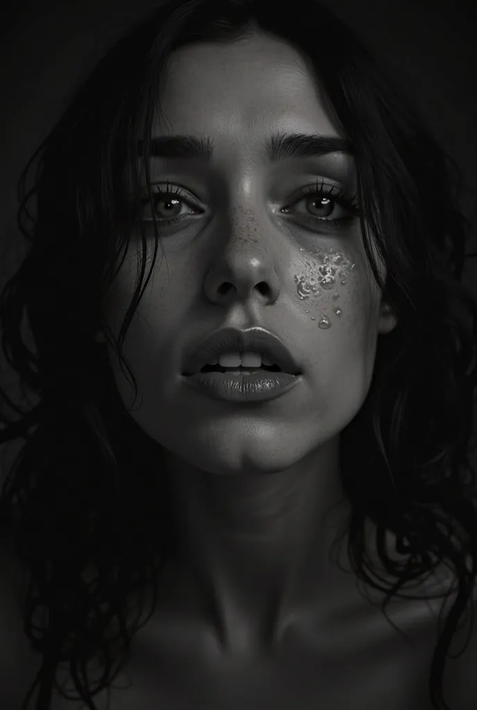 "A hyperrealistic black and white portrait of a woman with an expression of deep sadness.  Her face is detailed , with tears streaming down her cheeks.  Her gaze is intense , with glassy eyes full of emotion, reflecting pain and melancholy. Her skin is sof...