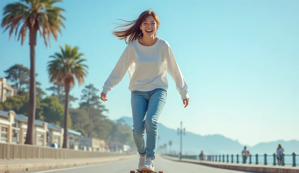 8k, RAW photo, Best Quality, masterpiece, realistic, Photorealistic, The location is a coastal promenade、with palm trees and blue sky in the background、The main character is a beautiful  Japanese woman riding a skateboard、 she is wearing a white long-sleev...