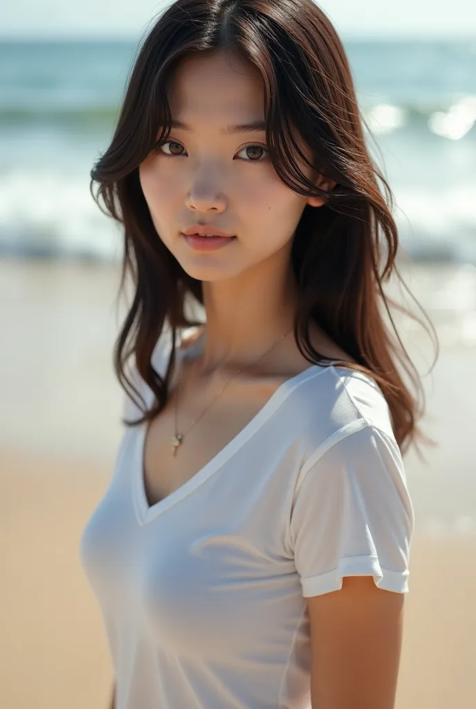 ((masterpiece)), ((Best Quality)), (portrait of a beautiful girl),(Best quality, High resolution, Masterpiece :1.3), A pretty woman, Slender figure, Dark brown hair, T-shirt, (Sandy beach with gentle waves), Highly detailed face and skin texture, Detailed ...