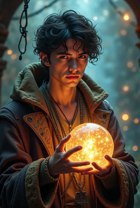 A pirate gypsy holding a card in one hand and a crystal ball in the other,a young man in realistic HD mystical seer 3d,High definition in 8k