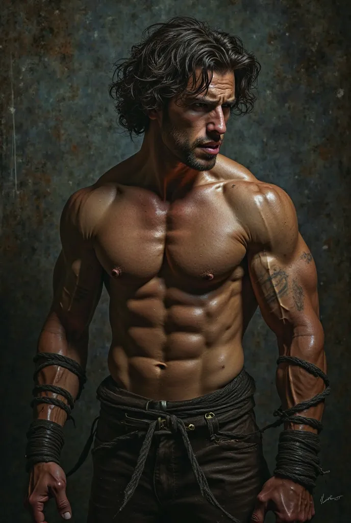 muscular man in bondage, detailed face, apprehensive expression, dominated posture, glowing skin, defined muscles,  high contrast,  dark environment, dramatic lighting, leather texture,  Gothic scenery, oil painting, photorealistic, 4K, hdr,  extreme detai...