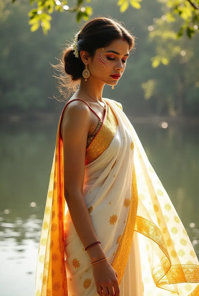 A girls wearing Kerala traditional wear offwhite colour tissue kurti with golden border and mural paint